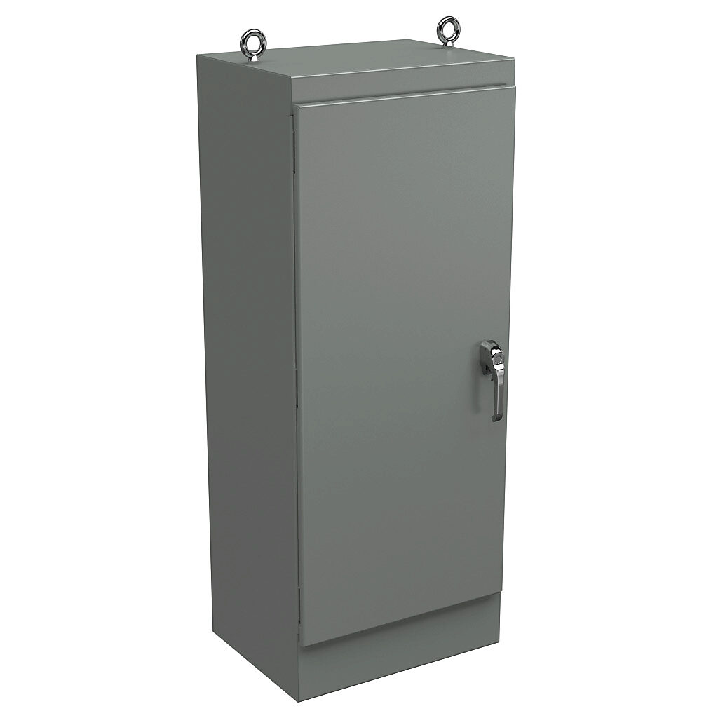 WRD602418FS4 - Wiegmann KwikHinge series enclosure, NEMA 3R/4/12, 60 x 24 x 18in (HxWxD), freestanding, carbon steel, ANSI 61 gray, powder coat finish, single-door, 3-point keylocking/padlocking combo handle.