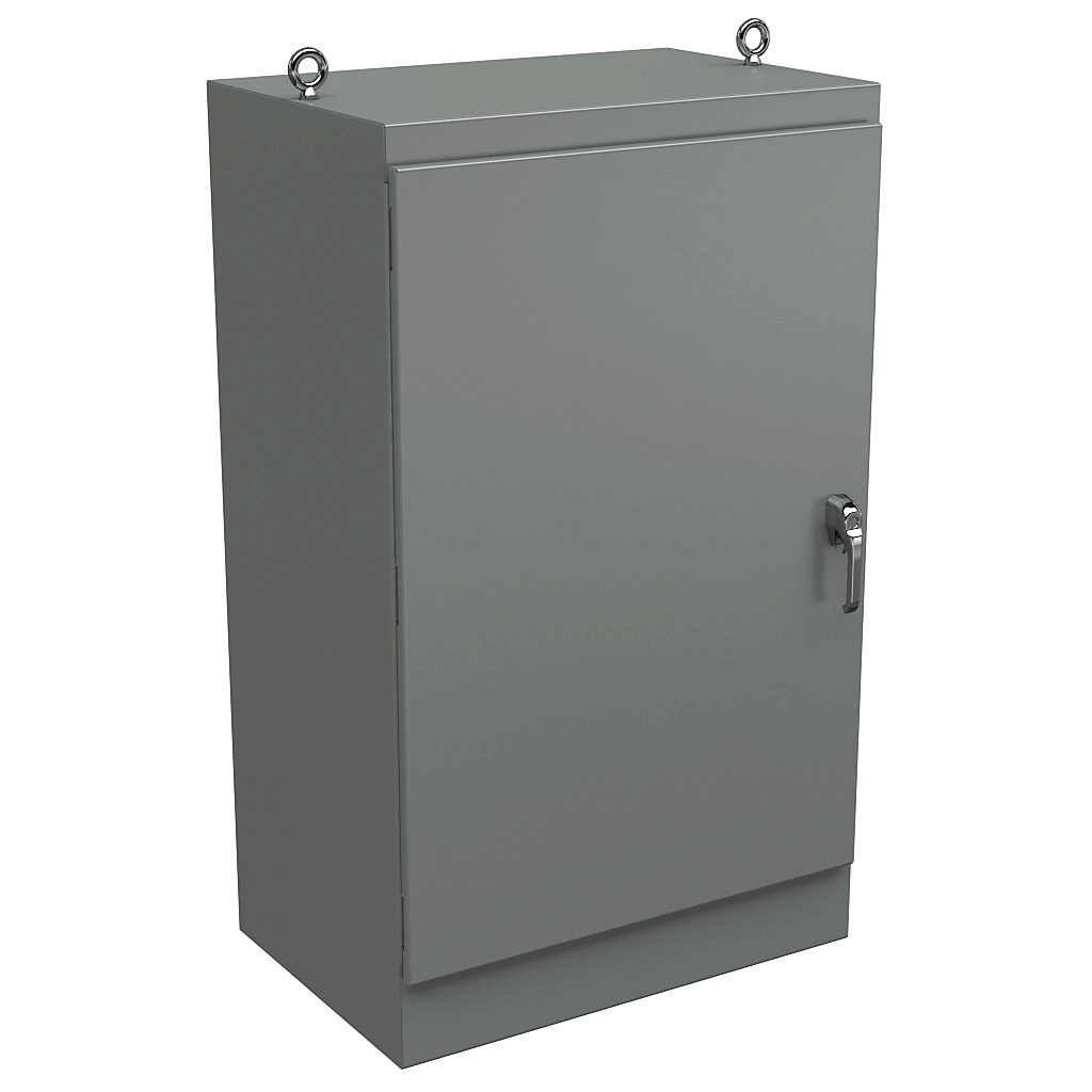 WRD603624FS4 - Wiegmann KwikHinge series enclosure, NEMA 3R/4/12, 60 x 36 x 24in (HxWxD), freestanding, carbon steel, ANSI 61 gray, powder coat finish, single-door, 3-point keylocking/padlocking combo handle.