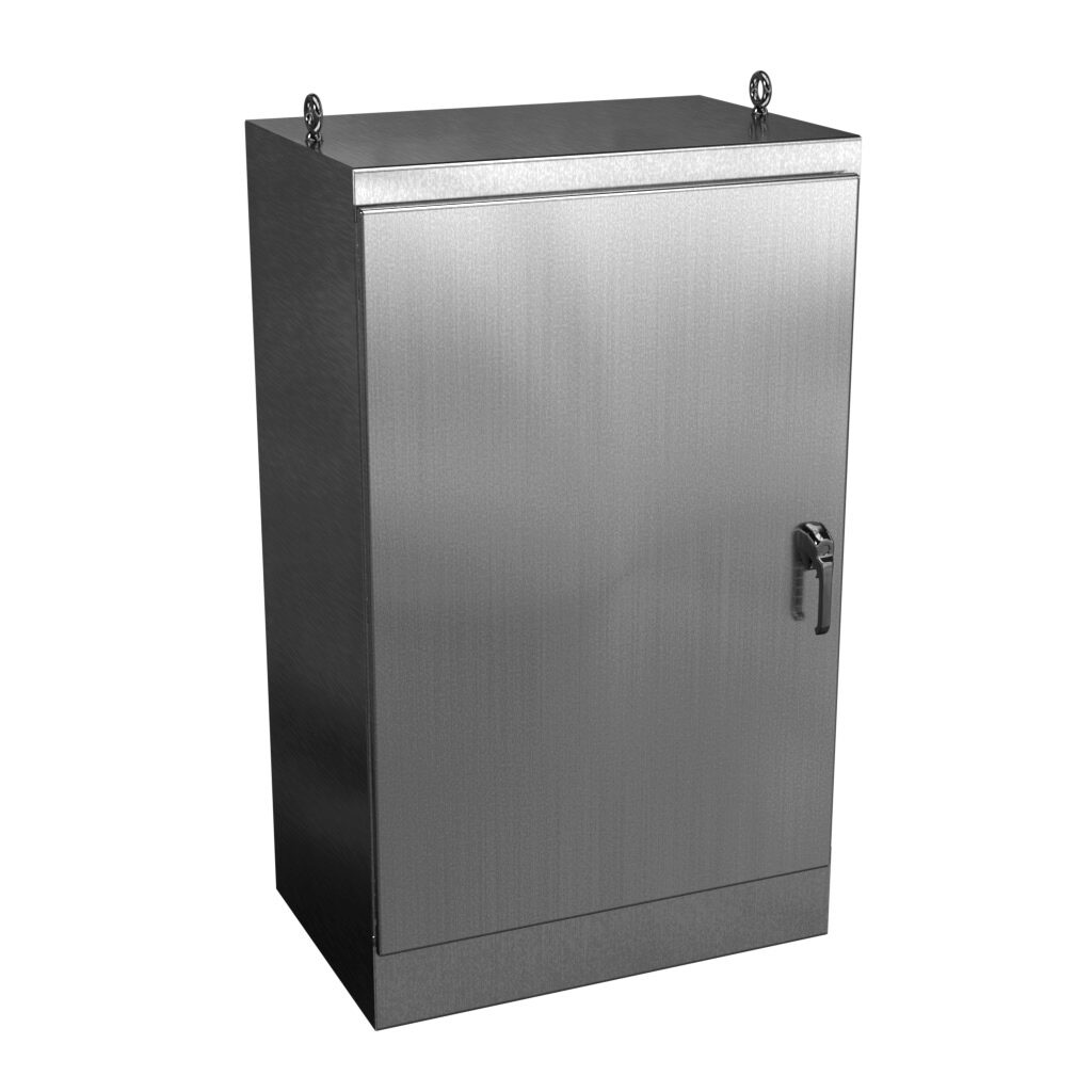 WRD603624SSFSN4 - Wiegmann KwikHinge series enclosure, NEMA 3R/4/4X/12, 60 x 36 x 24in (HxWxD), freestanding mount, 304 stainless steel, No. 3 intermediate polished finish, single-door, 3-point keylocking/padlocking combo handle.