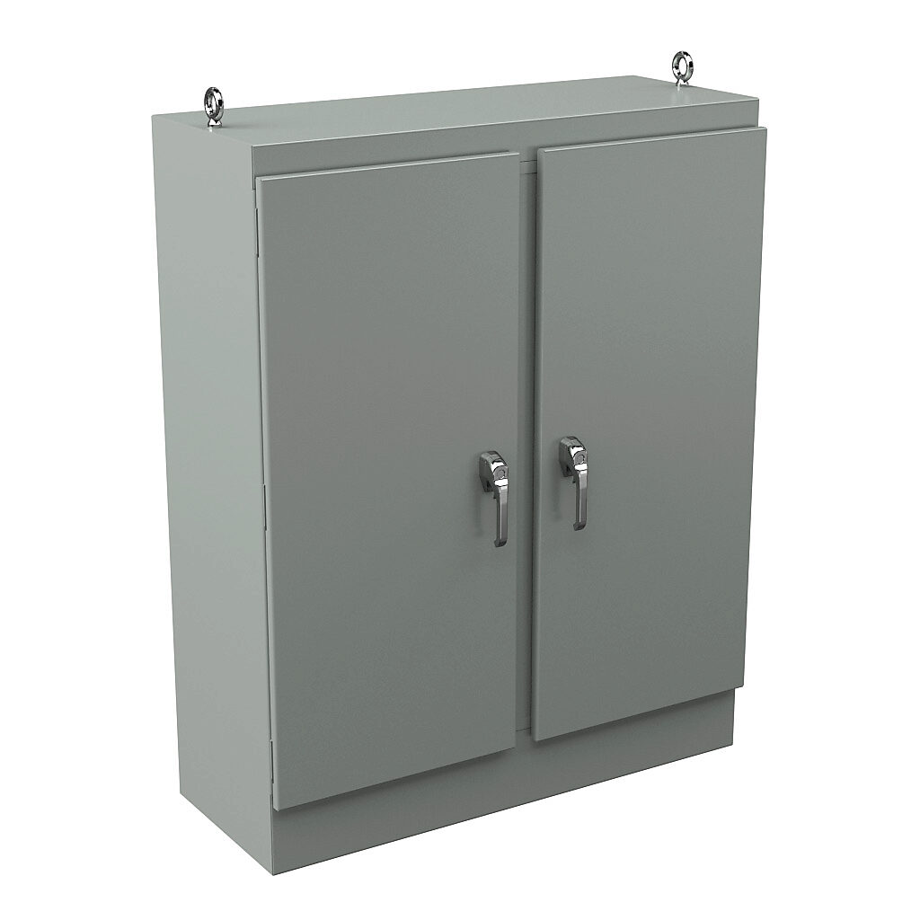 WRD604818FSD4 - Wiegmann KwikHinge series enclosure, NEMA 3R/4/12, 60 x 48 x 18in (HxWxD), freestanding, carbon steel, ANSI 61 gray, powder coat finish, 2-door, 3-point keylocking/padlocking combo handle.