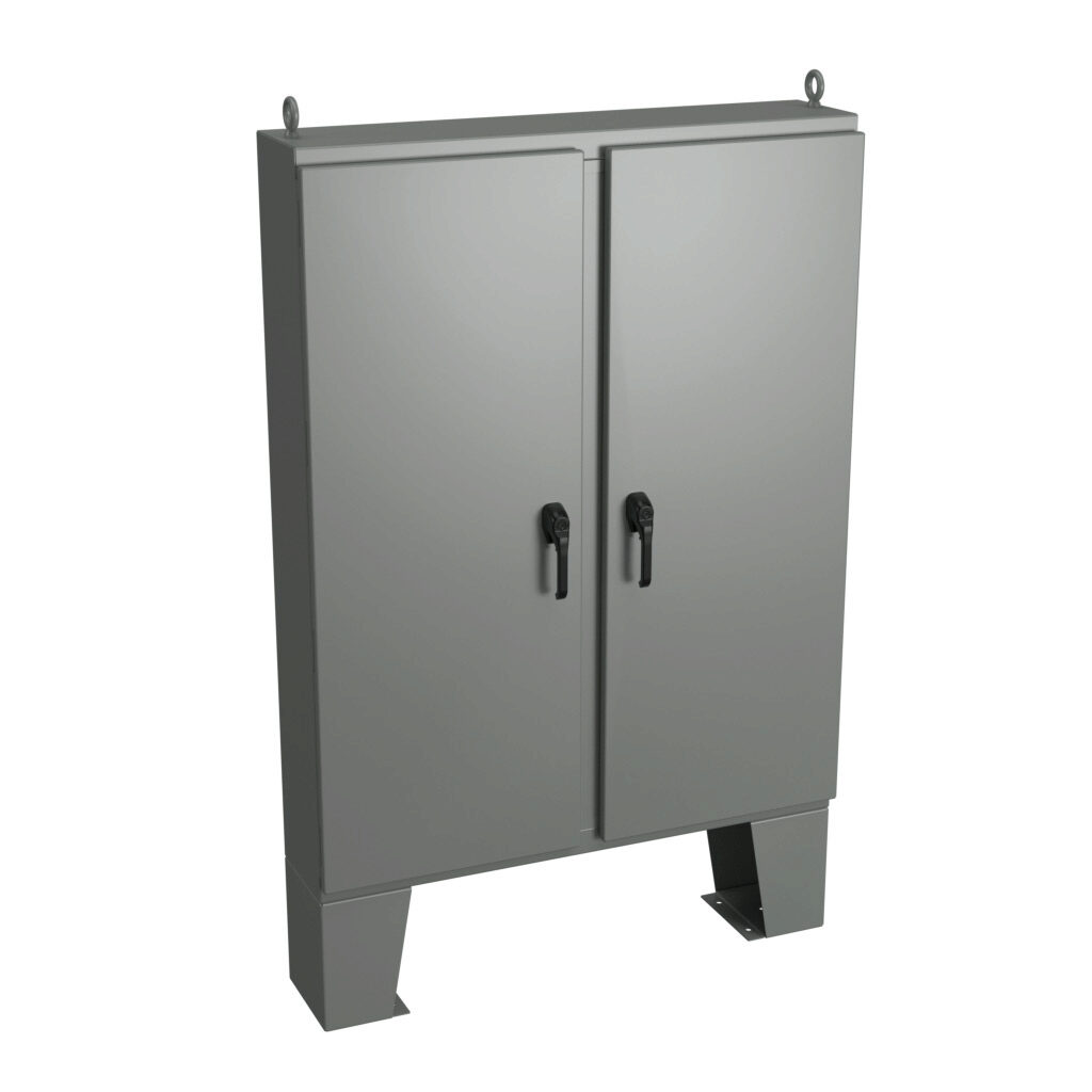 WRD624810N4D3PT - Wiegmann KwikHinge series enclosure, NEMA 3R/4/12, 62 x 48 x 10in (HxWxD), floor mount, carbon steel, ANSI 61 gray, powder coat finish, 2-door, 3-point keylocking/padlocking combo handle.