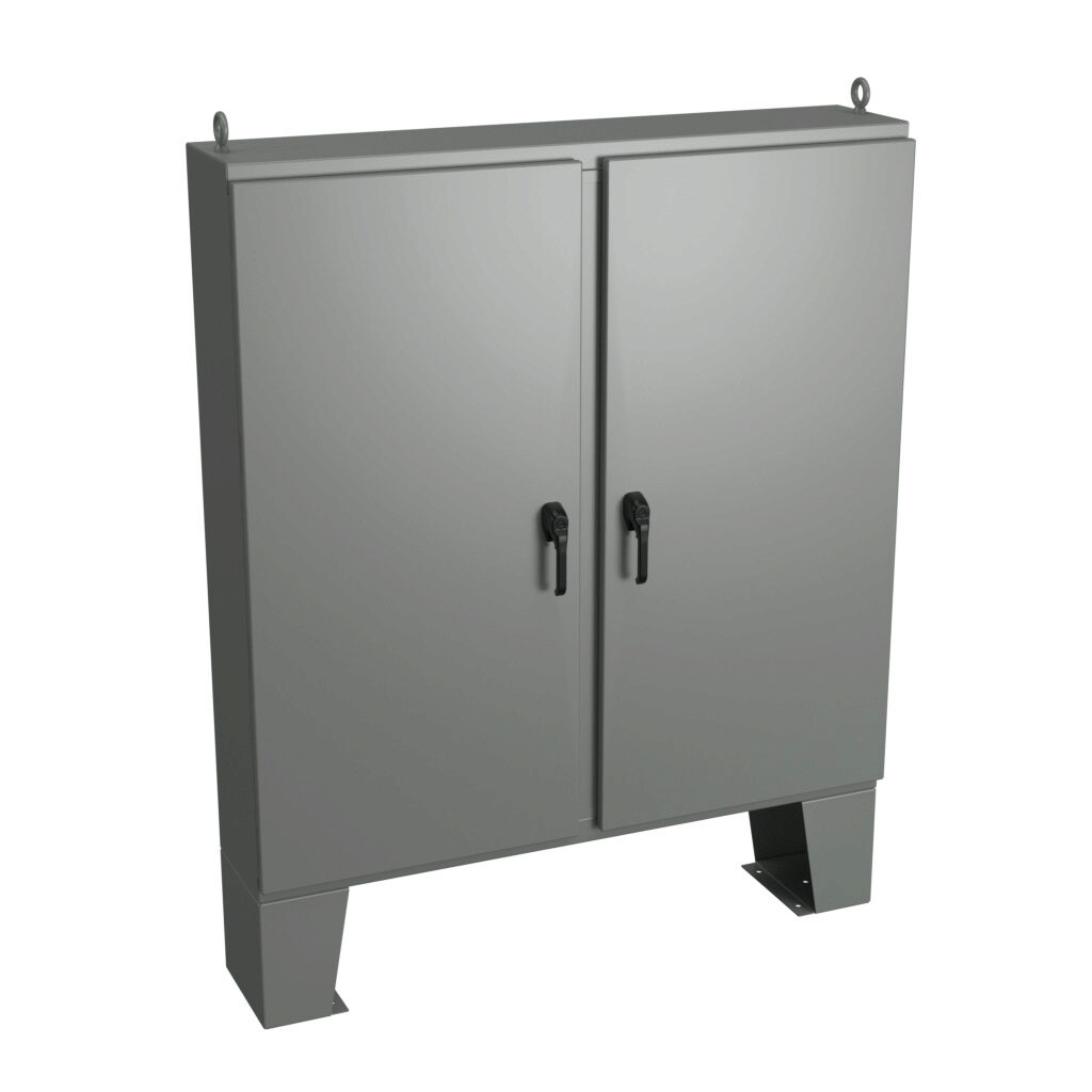 WRD626012N4D3PT - Wiegmann KwikHinge series enclosure, NEMA 3R/4/12, 62 x 60 x 12in (HxWxD), floor mount, carbon steel, ANSI 61 gray, powder coat finish, 2-door, 3-point keylocking/padlocking combo handle.