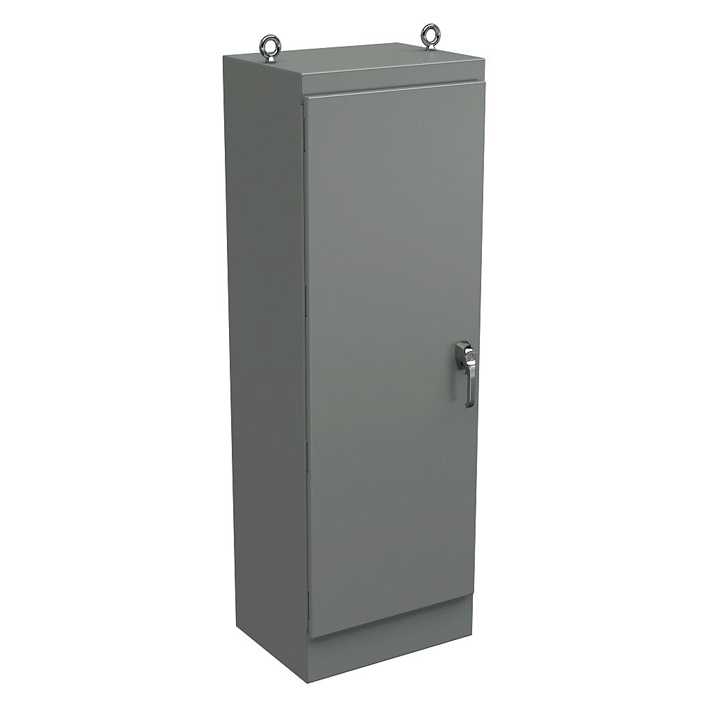 WRD722418FS4 - Wiegmann KwikHinge series enclosure, NEMA 3R/4/12, 72 x 24 x 18in (HxWxD), freestanding, carbon steel, ANSI 61 gray, powder coat finish, single-door, 3-point keylocking/padlocking combo handle.