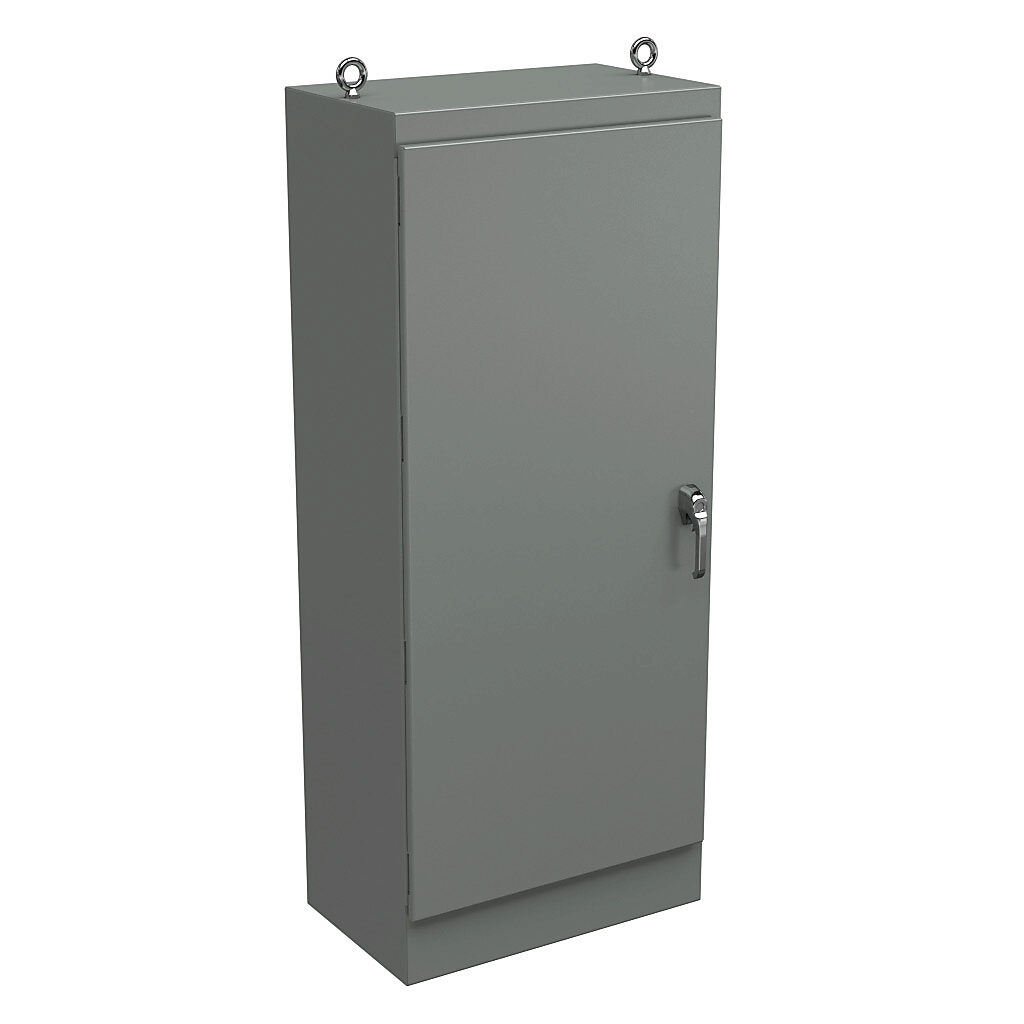 WRD723018FS4 - Wiegmann KwikHinge series enclosure, NEMA 3R/4/12, 72 x 30 x 18in (HxWxD), freestanding, carbon steel, ANSI 61 gray, powder coat finish, single-door, 3-point keylocking/padlocking combo handle.