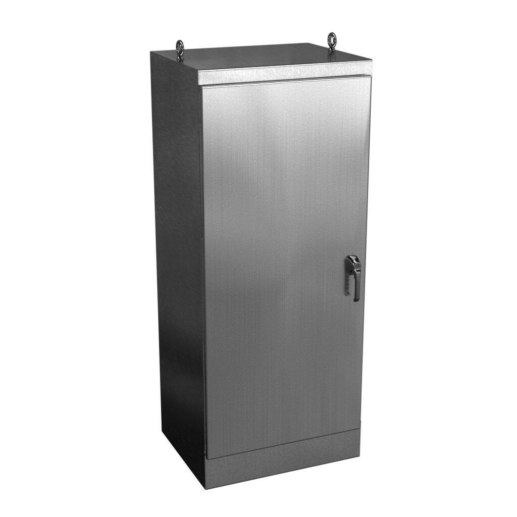 WRD723024SSFSN4 - Wiegmann KwikHinge series enclosure, NEMA 3R/4/4X/12, 72 x 30 x 24in (HxWxD), freestanding mount, 304 stainless steel, No. 3 intermediate polished finish, single-door, 3-point keylocking/padlocking combo handle.