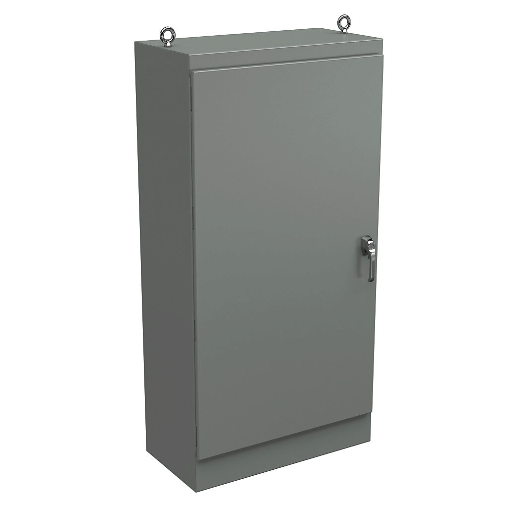 WRD723618FS4 - Wiegmann KwikHinge series enclosure, NEMA 3R/4/12, 72 x 36 x 18in (HxWxD), freestanding, carbon steel, ANSI 61 gray, powder coat finish, single-door, 3-point keylocking/padlocking combo handle.