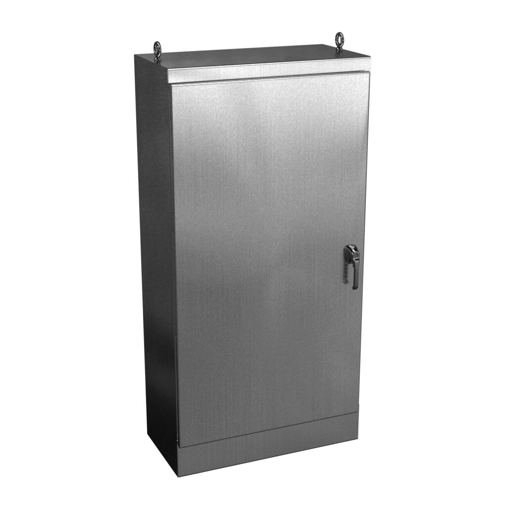 WRD723618SSFSN4 - Wiegmann KwikHinge series enclosure, NEMA 3R/4/4X/12, 72 x 36 x 18in (HxWxD), freestanding mount, 304 stainless steel, No. 3 intermediate polished finish, single-door, 3-point keylocking/padlocking combo handle.