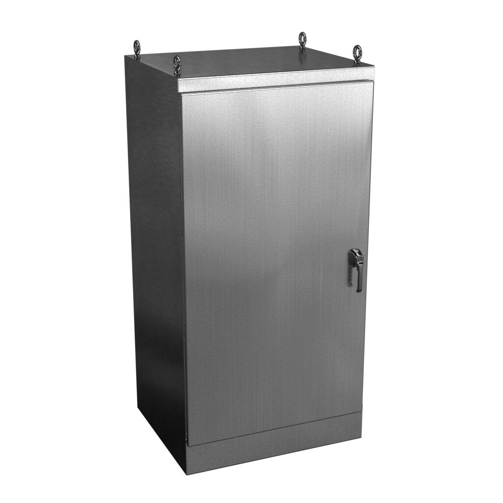 WRD723630SSFSN4 - Wiegmann KwikHinge series enclosure, NEMA 3R/4/4X/12, 72 x 36 x 30in (HxWxD), freestanding mount, 304 stainless steel, No. 3 intermediate polished finish, single-door, 3-point keylocking/padlocking combo handle.