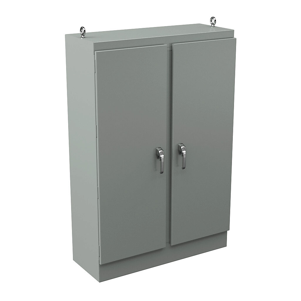 WRD724818FSD4 - Wiegmann KwikHinge series enclosure, NEMA 3R/4/12, 72 x 48 x 18in (HxWxD), freestanding, carbon steel, ANSI 61 gray, powder coat finish, 2-door, 3-point keylocking/padlocking combo handle.