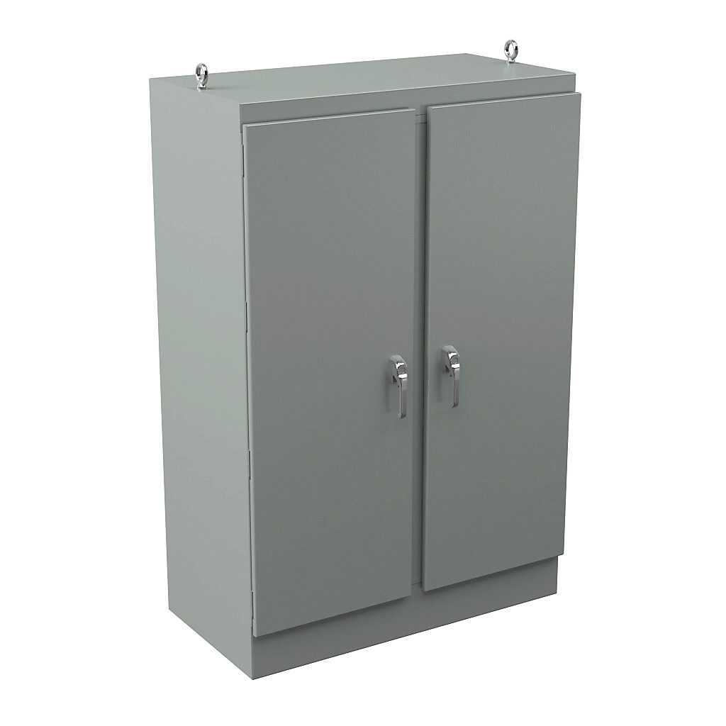 WRD724824FSD4 - Wiegmann KwikHinge series enclosure, NEMA 3R/4/12, 72 x 48 x 24in (HxWxD), freestanding, carbon steel, ANSI 61 gray, powder coat finish, 2-door, 3-point keylocking/padlocking combo handle.