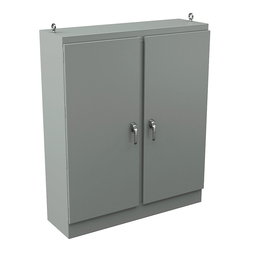 WRD726018FSD4 - Wiegmann KwikHinge series enclosure, NEMA 3R/4/12, 72 x 60 x 18in (HxWxD), freestanding, carbon steel, ANSI 61 gray, powder coat finish, 2-door, 3-point keylocking/padlocking combo handle.
