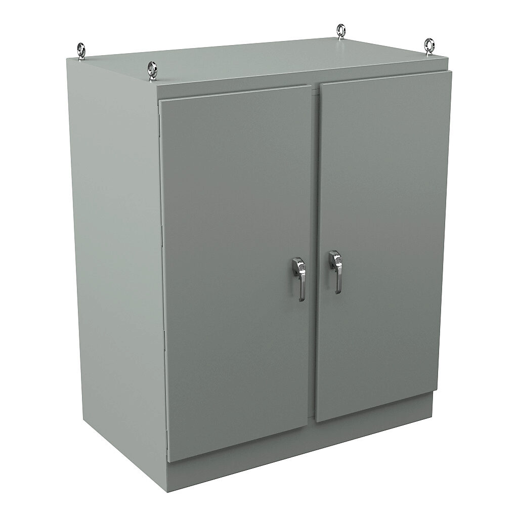 WRD726036FSD4 - Wiegmann KwikHinge series enclosure, NEMA 3R/4/12, 72 x 60 x 36in (HxWxD), freestanding, carbon steel, ANSI 61 gray, powder coat finish, 2-door, 3-point keylocking/padlocking combo handle.