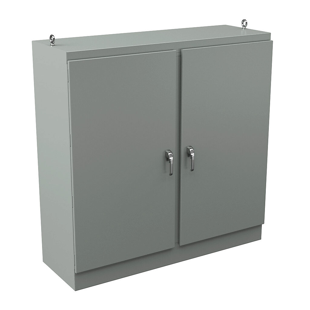 WRD727224FSD4 - Wiegmann KwikHinge series enclosure, NEMA 3R/4/12, 72 x 72 x 24in (HxWxD), freestanding, carbon steel, ANSI 61 gray, powder coat finish, 2-door, 3-point keylocking/padlocking combo handle.