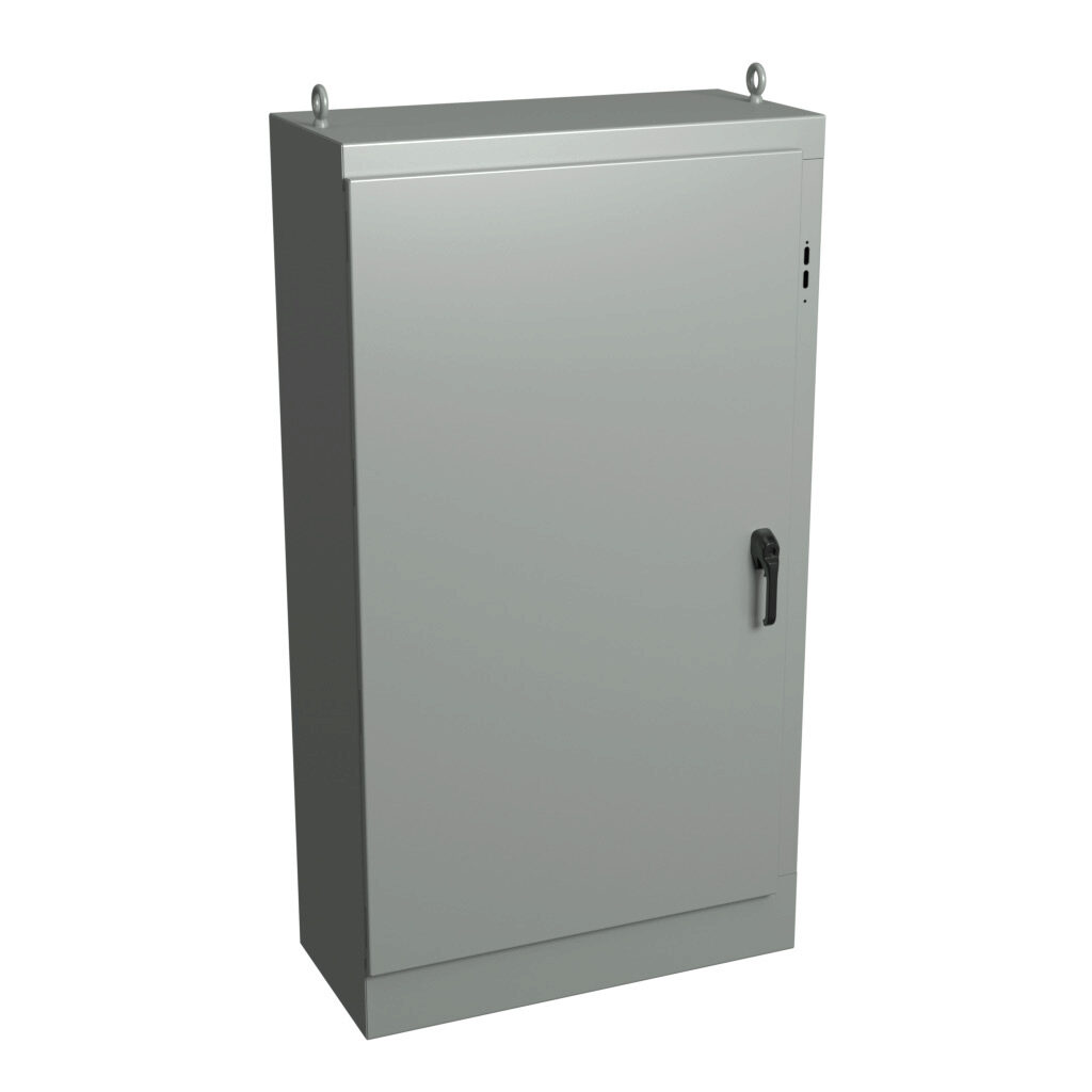 WRD72XM3918FS4 - Wiegmann KwikHinge series disconnect enclosure, NEMA 3R/4/12, right flange, 72 x 39 x 18in (HxWxD), freestanding, carbon steel, ANSI 61 gray, powder coat finish, single-door, 3-point keylocking/padlocking combo handle, subpanel in...