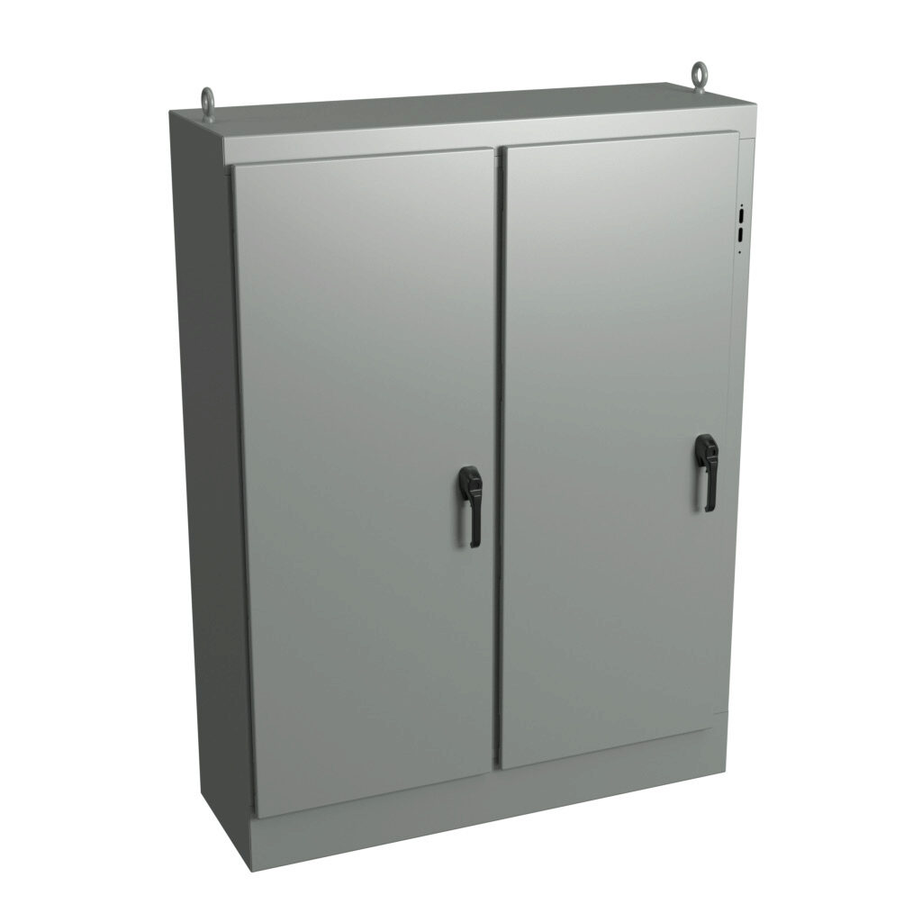 WRD72XM5318FSD4 - Wiegmann KwikHinge series disconnect enclosure, NEMA 3R/4/12, right flange, 72 x 53 x 18in (HxWxD), freestanding, carbon steel, ANSI 61 gray, powder coat finish, 2-door, 3-point keylocking/padlocking combo handle, subpanel included.