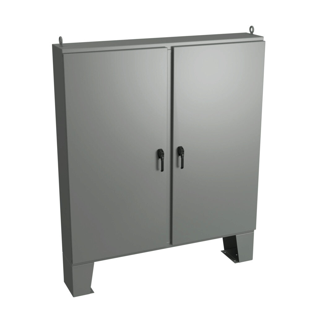 WRD747212N4D3PT - Wiegmann KwikHinge series enclosure, NEMA 3R/4/12, 74 x 72 x 12in (HxWxD), floor mount, carbon steel, ANSI 61 gray, powder coat finish, 2-door, 3-point keylocking/padlocking combo handle.