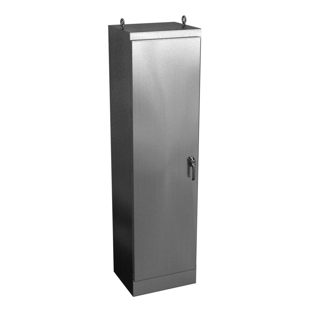 WRD902420SSFSN4 - Wiegmann KwikHinge series enclosure, NEMA 3R/4/4X/12, 90 x 24 x 20in (HxWxD), freestanding mount, 304 stainless steel, No. 3 intermediate polished finish, single-door, 3-point keylocking/padlocking combo handle.