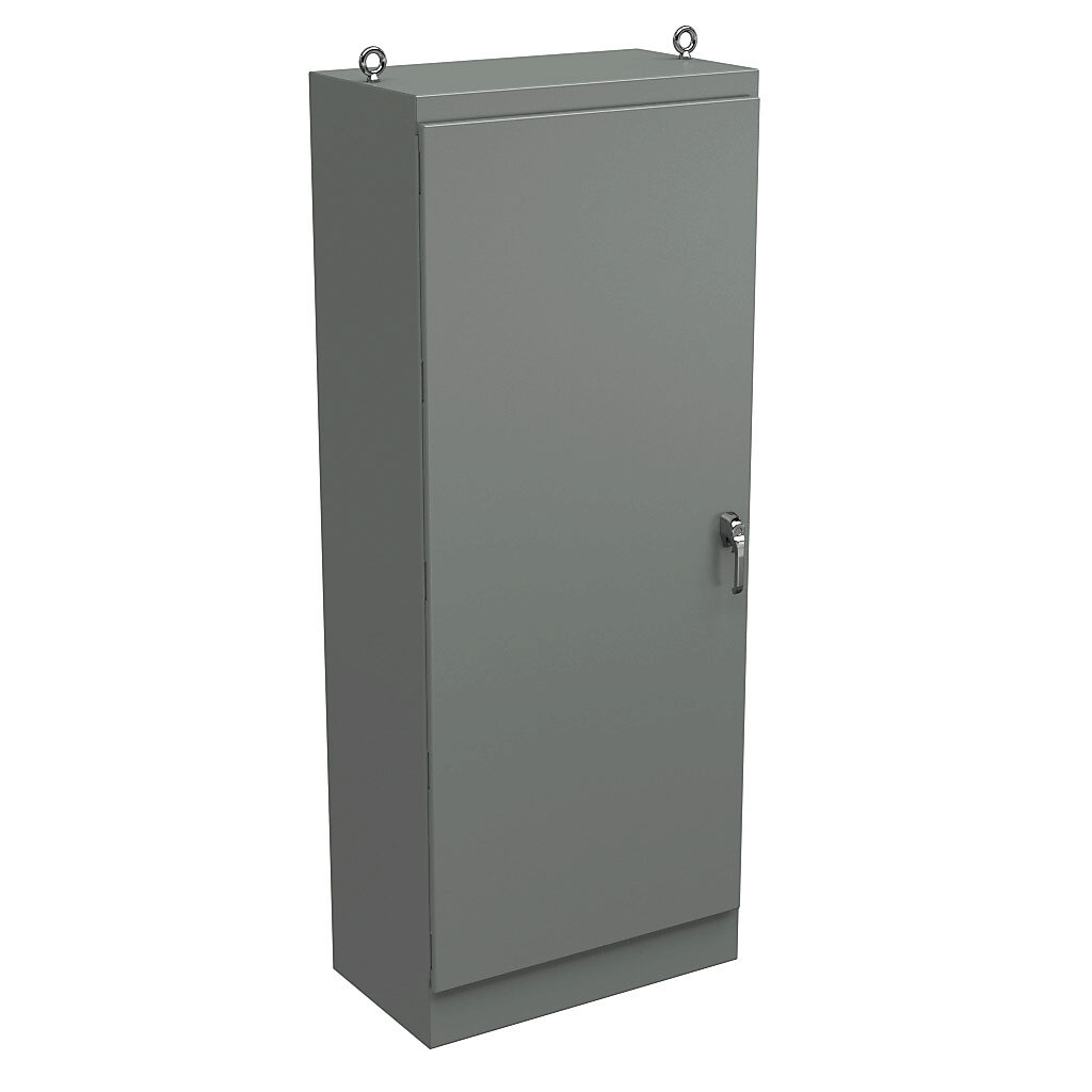 WRD903620FS4 - Wiegmann KwikHinge series enclosure, NEMA 3R/4/12, 90 x 36 x 20in (HxWxD), freestanding, carbon steel, ANSI 61 gray, powder coat finish, single-door, 3-point keylocking/padlocking combo handle.