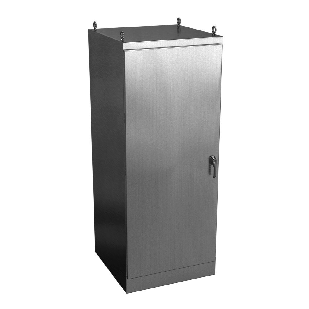 WRD903636SSFSN4 - Wiegmann KwikHinge series enclosure, NEMA 3R/4/4X/12, 90 x 36 x 36in (HxWxD), freestanding mount, 304 stainless steel, No. 3 intermediate polished finish, single-door, 3-point keylocking/padlocking combo handle.