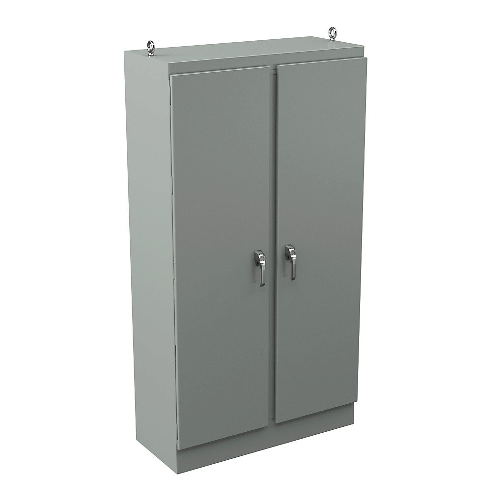 WRD904820FSD4 - Wiegmann KwikHinge series enclosure, NEMA 3R/4/12, 90 x 48 x 20in (HxWxD), freestanding, carbon steel, ANSI 61 gray, powder coat finish, 2-door, 3-point keylocking/padlocking combo handle.
