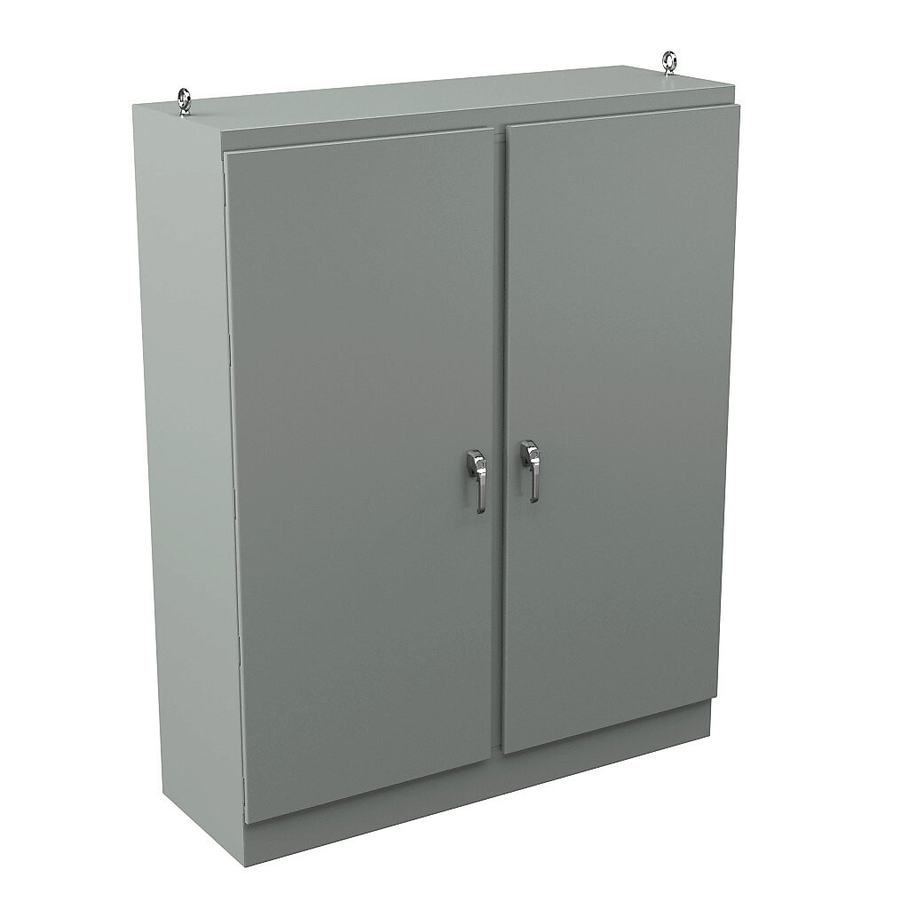 WRD907224FSD4 - Wiegmann KwikHinge series enclosure, NEMA 3R/4/12, 90 x 72 x 24in (HxWxD), freestanding, carbon steel, ANSI 61 gray, powder coat finish, 2-door, 3-point keylocking/padlocking combo handle.