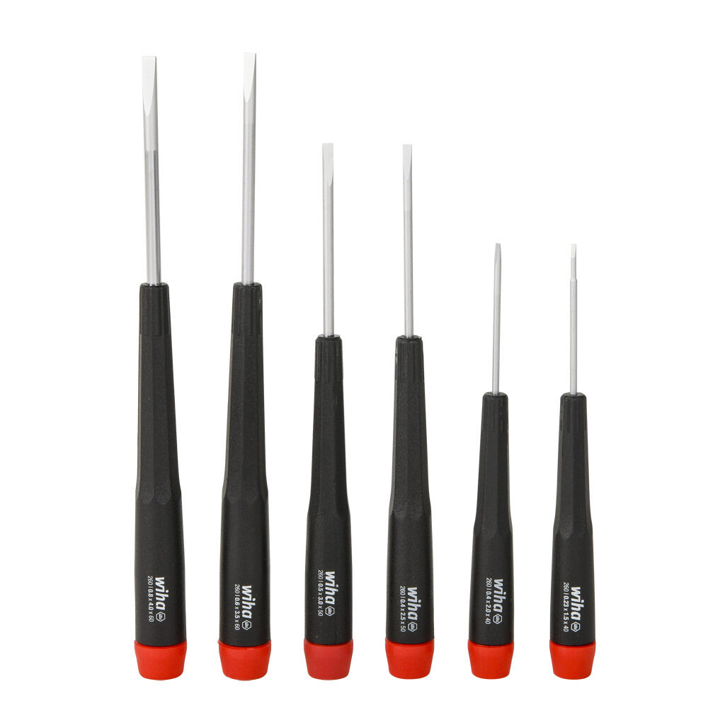 WT26090 - Wiha precision screwdriver set, slotted, 6 pieces, free-spinning cap.