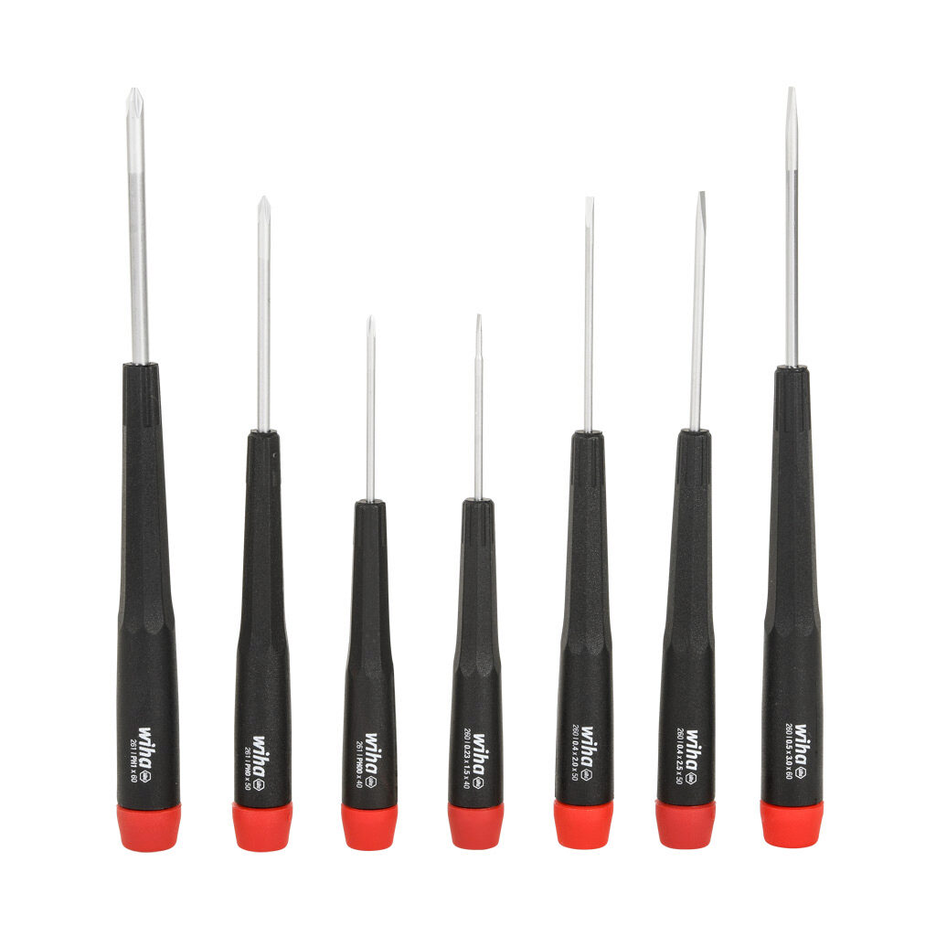 WT26197 - Wiha precision screwdriver set, Phillips and slotted, 7 pieces, free-spinning cap.