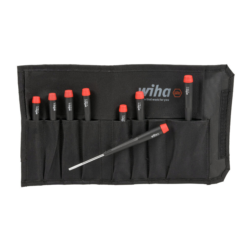 WT26199 - Wiha precision screwdriver set, Phillips and slotted, 8 pieces, free-spinning cap.