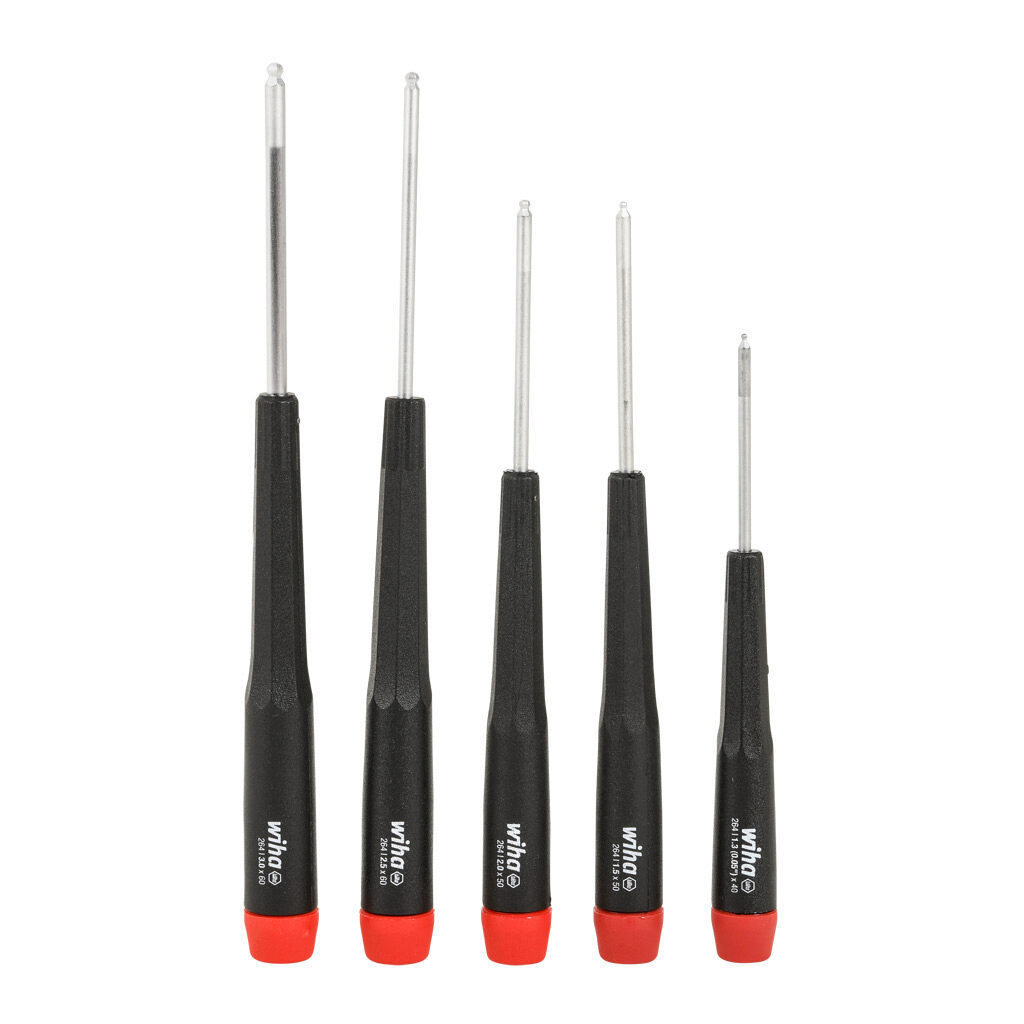 WT26491 - Wiha precision screwdriver set, external hex, 5 pieces, metric, ball-end tip and free-spinning cap.