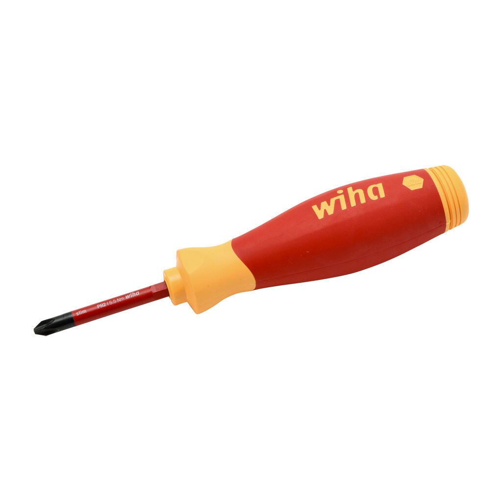WT28345 - Wiha SlimLine PocketMax insulated multi-bit screwdriver, 1000V insulation rating, 6 pieces, SoftFinish cushion grip handle with bit storage, 2.0in (50mm) shaft length, slotted, Phillips and square.