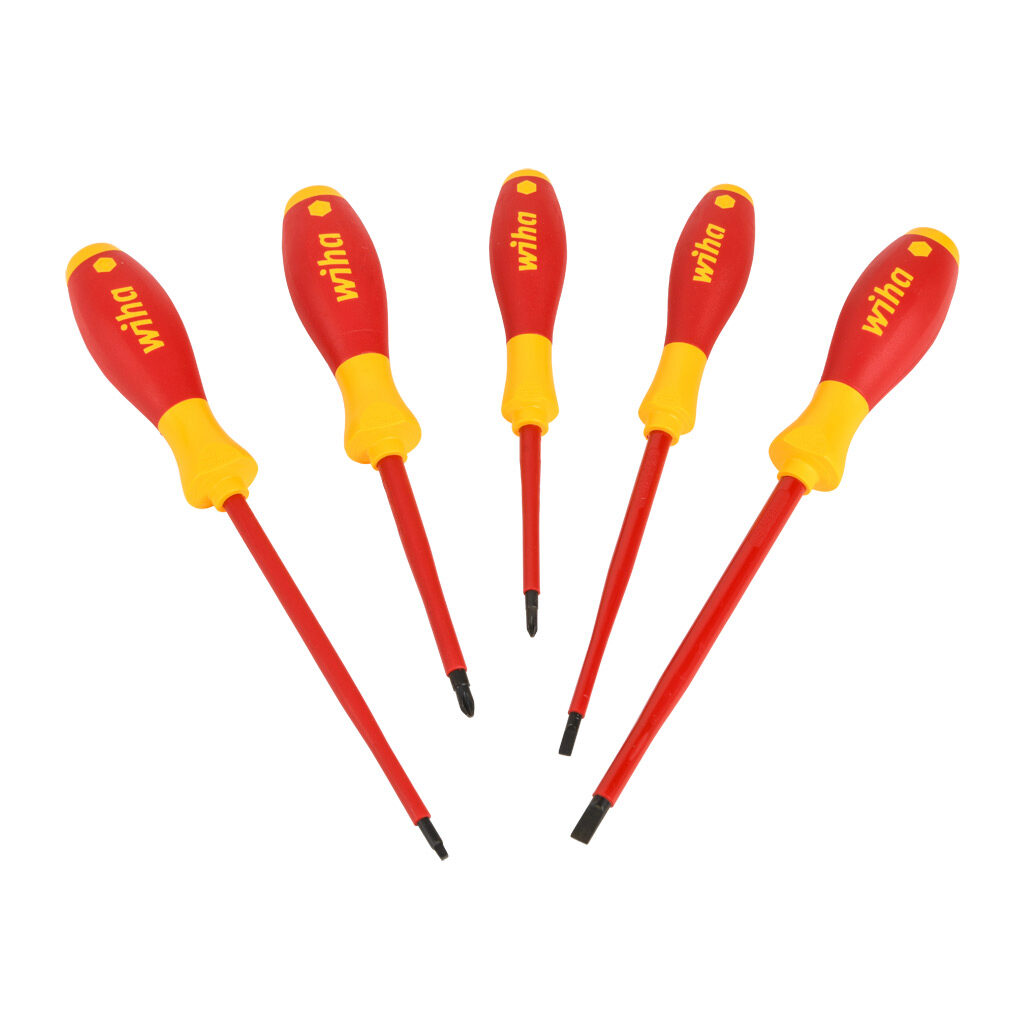WT32059 - Wiha insulated screwdriver set, Phillips, slotted and square, 5 pieces, 1000V insulation rating.