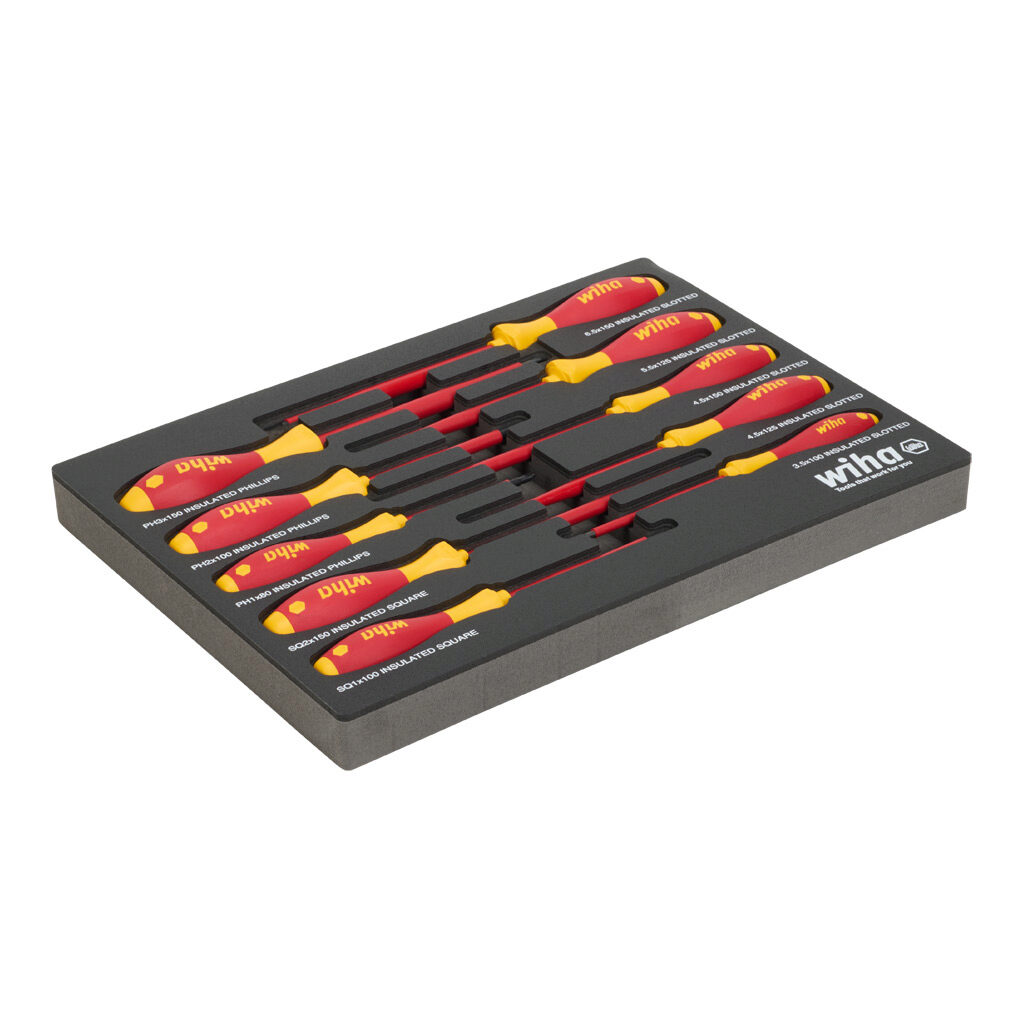 WT32080 - Wiha insulated screwdriver set, Phillips, slotted and square, 10 pieces, 1000V insulation rating, foam tray.