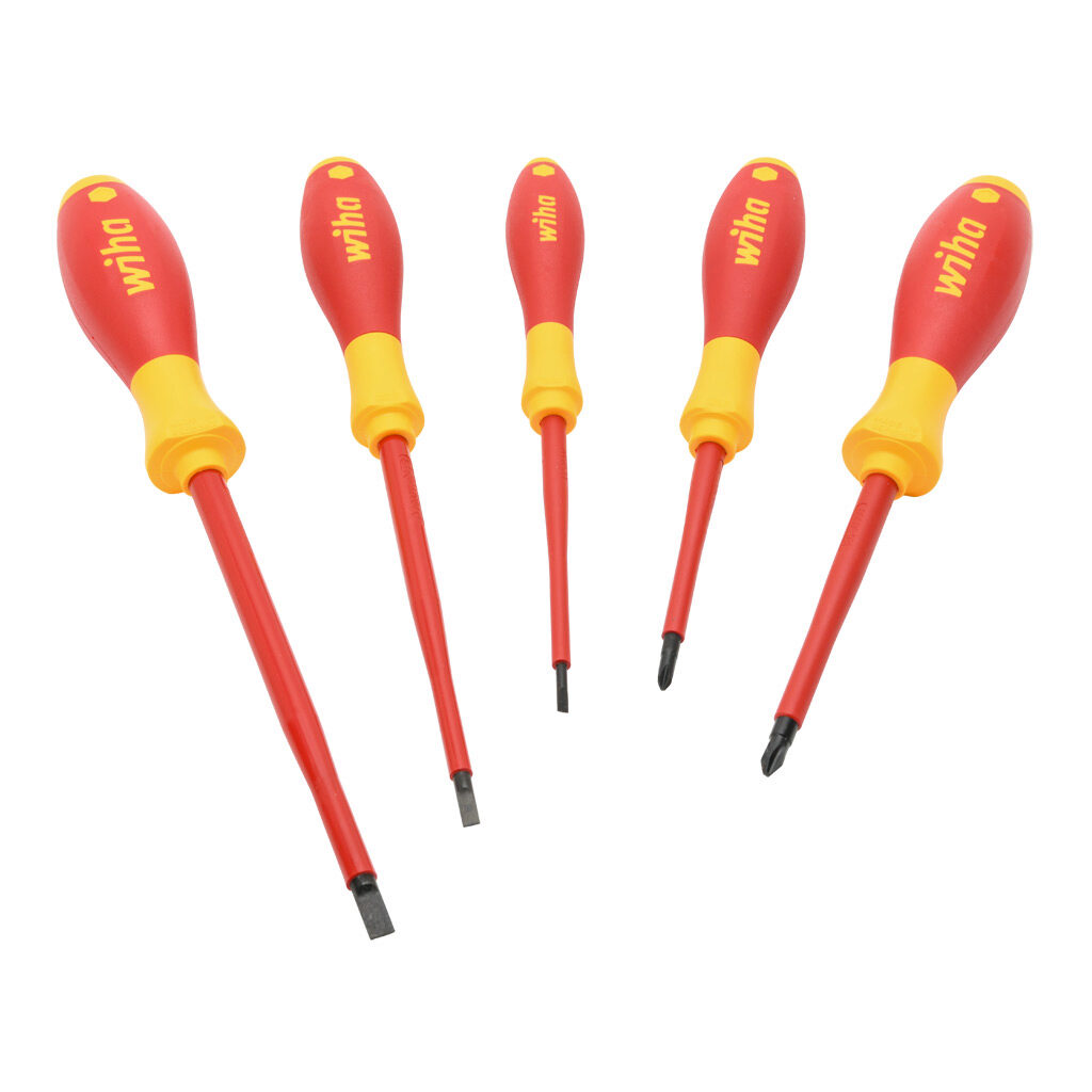 WT32091 - Wiha SoftFinish insulated screwdriver set, slotted and Phillips, 5 pieces, 1000V insulation rating.