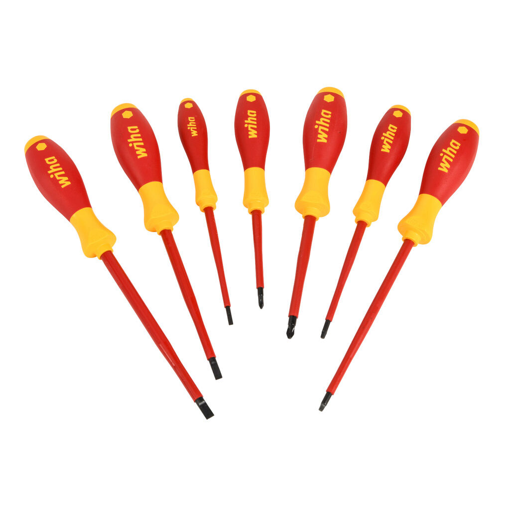 WT32097 - Wiha insulated screwdriver set, Phillips, slotted and square, 7 pieces, 1000V insulation rating.