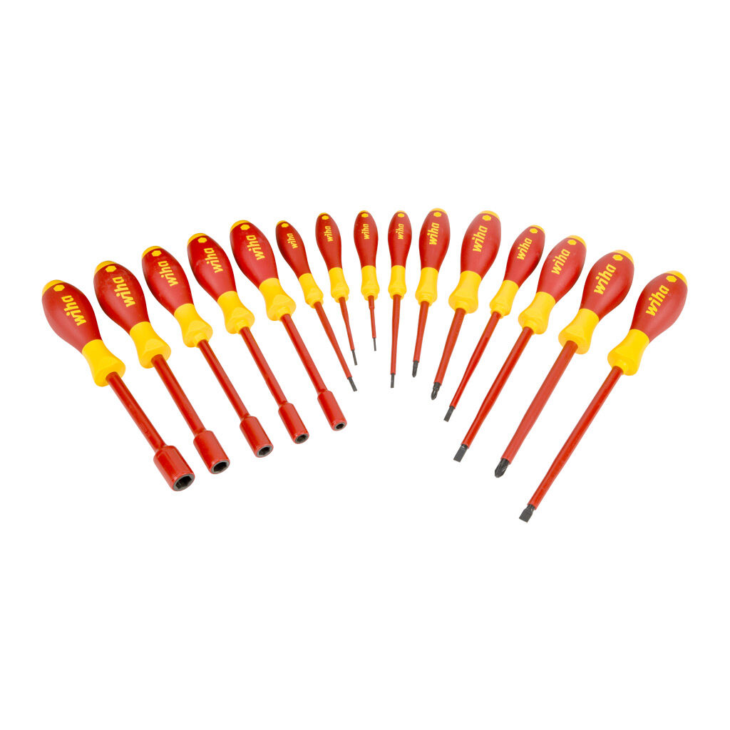 WT32190 - Wiha insulated screwdriver and nutdriver set, Phillips, slotted and internal hex, 15 pieces, 1000V insulation rating, imperial.