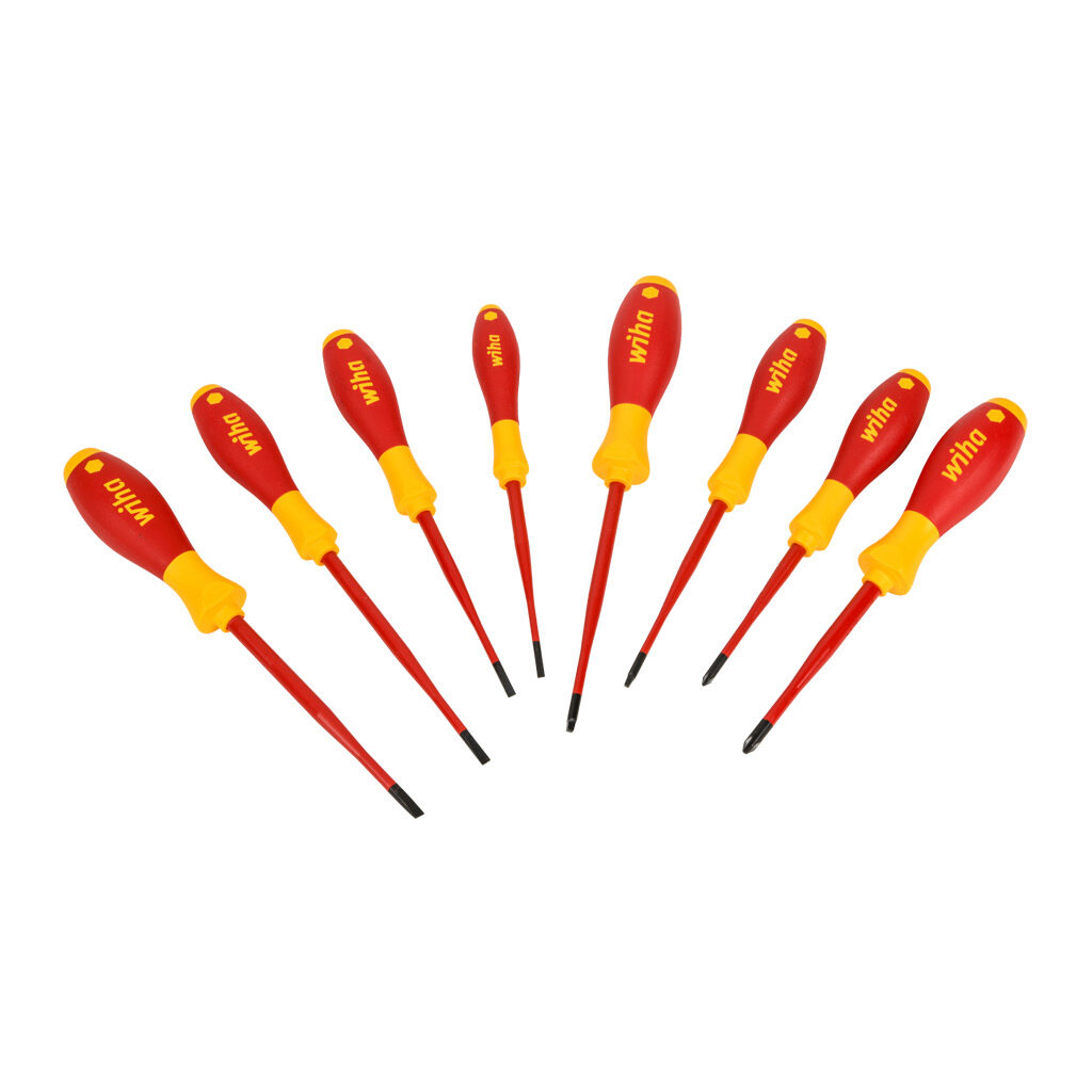 WT32197 - Wiha SlimLine insulated screwdriver set, Phillips, slotted and square, 8 pieces, 1000V insulation rating.