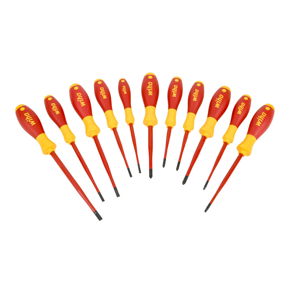 WT32198 - Wiha SlimLine insulated screwdriver set, Phillips, PlusMinus, slotted and square, 11 pieces, 1000V insulation rating.