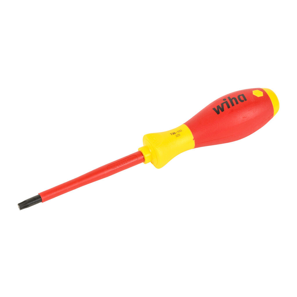 WT32556 - Wiha T30 Torx insulated screwdriver, 1000V insulation rating, 3.9in (100mm) shaft length, SoftFinish cushion grip handle.