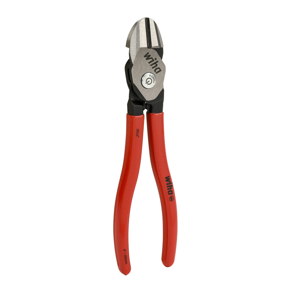 WT32636 - Wiha diagonal cutters, 8.0in (203mm) overall length, induction hardened beveled cutting edges, 15 degrees angled head, classic grip vinyl handles. Power button for increasing cutting capacity.
