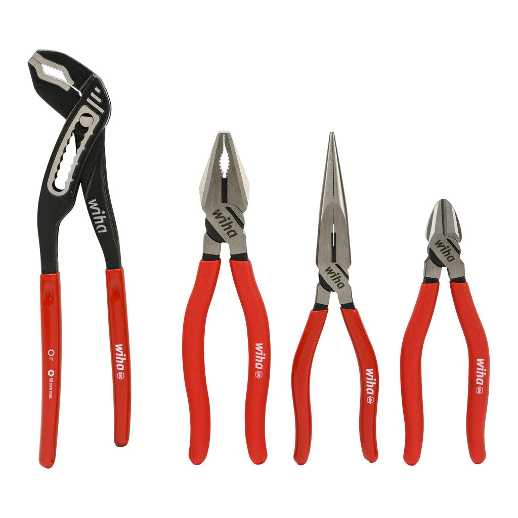 WT32647 - Wiha pliers and cutters set, combination, long nose, tongue and groove and diagonal, 4 pieces.