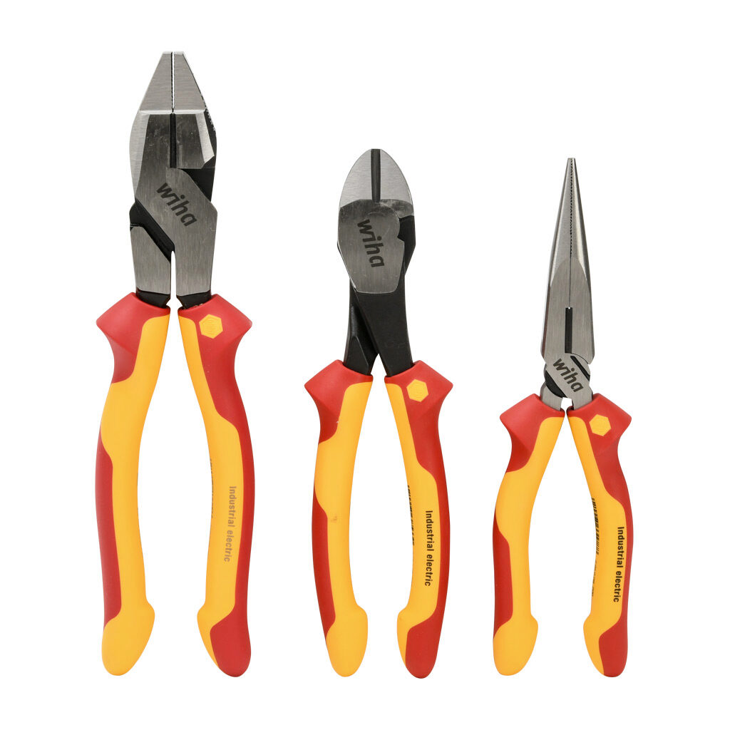 WT32968 - Wiha pliers and cutters set, long nose, linemans and high leverage diagonal, 3 pieces, 1000V insulation rating.