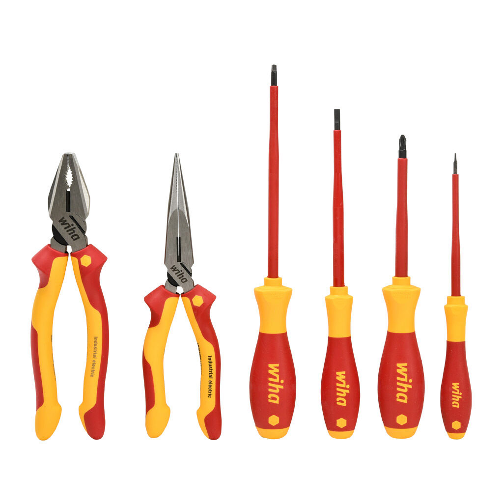 WT32984 - Wiha SoftFinish insulated screwdriver and pliers set, slotted, Phillips and square, combination and long nose, 6 pieces, 1000V insulation rating.