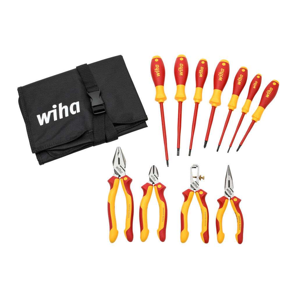 WT32986 - Wiha SoftFinish insulated screwdriver and pliers set, slotted, Phillips and square, long nose, combination, diagonal and wire stripping, 11 pieces, 1000V insulation rating.