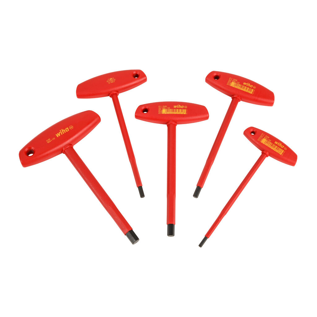WT33478 - Wiha T-handle hex key set, external hex, 5 pieces, 1000V insulation rating, metric.