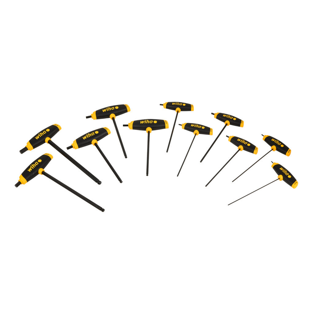 WT33494 - Wiha T-handle hex key set, external hex, 11 pieces, imperial, ball-end tip and dual-drive handle.