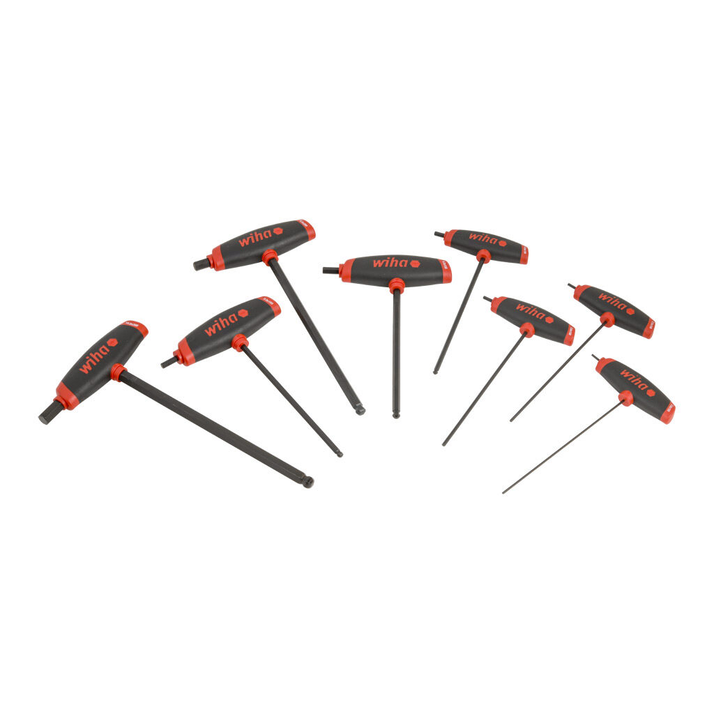 WT33496 - Wiha T-handle hex key set, external hex, 8 pieces, metric, ball-end tip and dual-drive handle.
