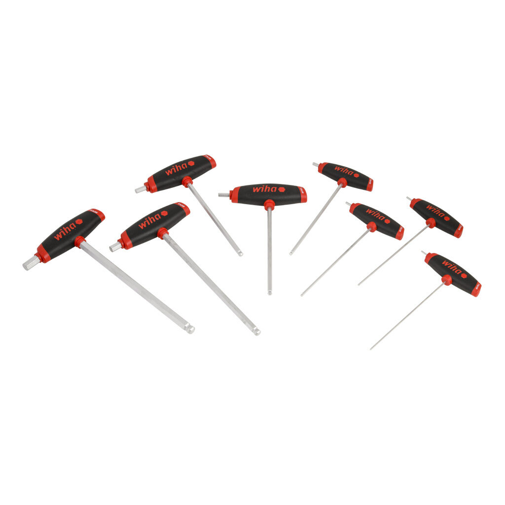 WT54095 - Wiha T-handle hex key set, external hex, 8 pieces, metric, ball-end tip and dual-drive handle.