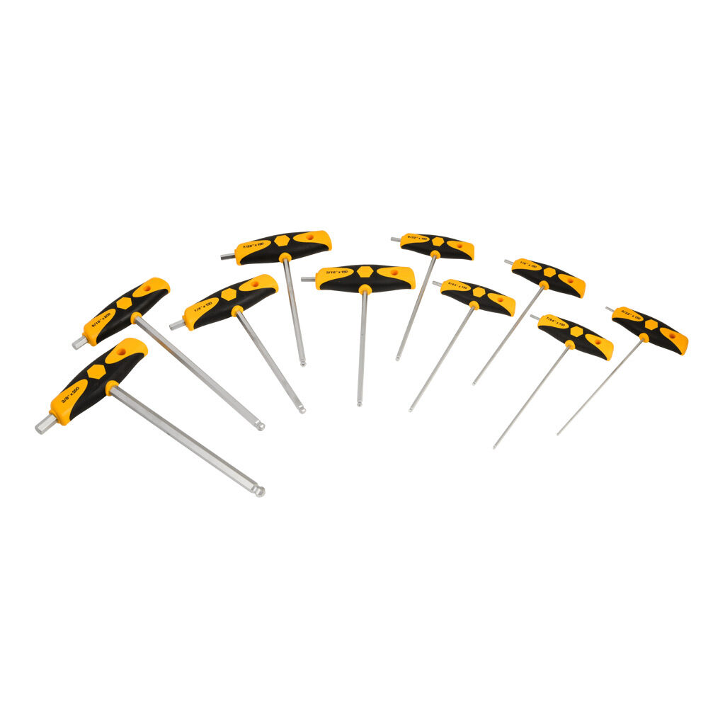 WT54097 - Wiha T-handle hex key set, external hex, 10 pieces, imperial, ball-end tip and dual-drive handle.