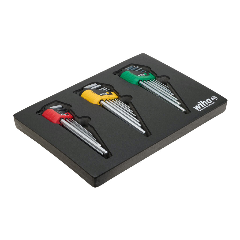 WT66979 - Wiha L-key hex key set, external hex and Torx, 3 pieces, steel, imperial and metric, ball-end tip and ErgoStar auto open key case, foam tray.