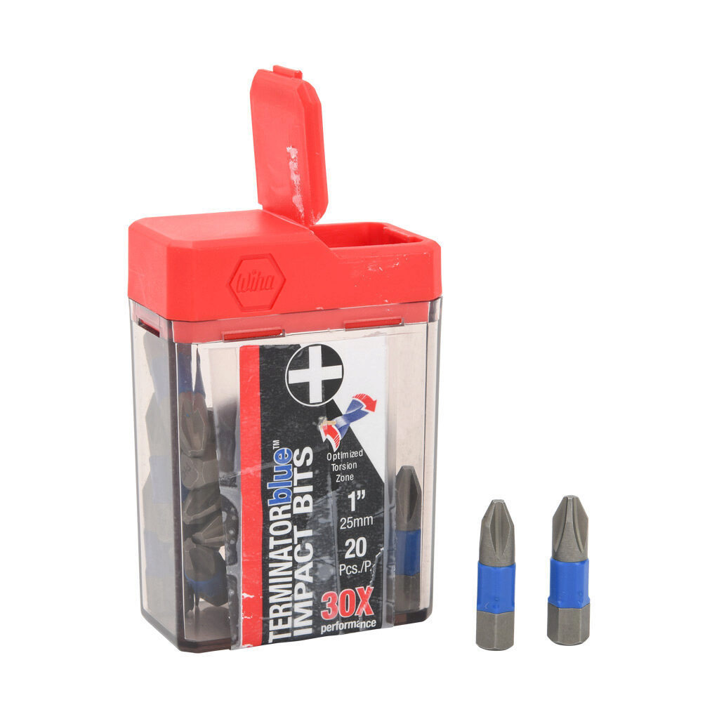 WT70042 - Wiha TerminatorBlue #2 Phillips impact driver bit, 1in bit length, 1/4in drive, hexagonal. Package of 20.